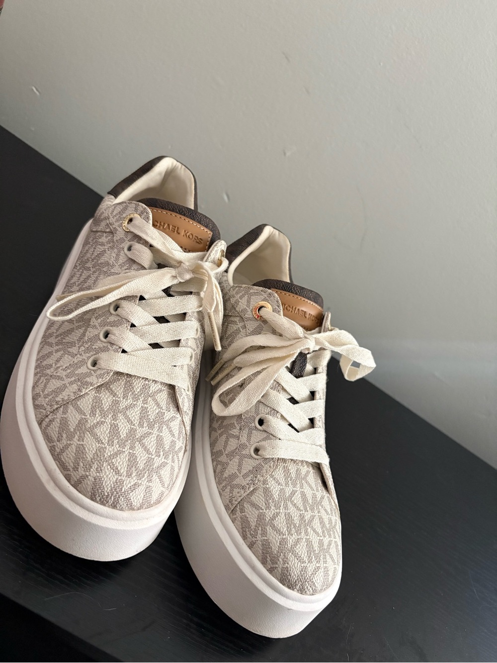 Michael Kors Cream and Brown MK Logo Platform Sneakers